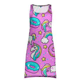 Платье-майка 3D с принтом Котики и Единороги в Санкт-Петербурге, 100% полиэстер | полуприлегающий силуэт, широкие бретели, круглый вырез горловины, удлиненный подол сзади. | единорог | мороженое | пони | пончики | радуга | розовый