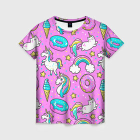 Женская футболка 3D с принтом Котики и Единороги в Санкт-Петербурге, 100% полиэфир ( синтетическое хлопкоподобное полотно) | прямой крой, круглый вырез горловины, длина до линии бедер | Тематика изображения на принте: единорог | мороженое | пони | пончики | радуга | розовый