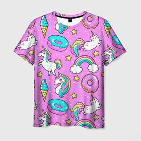 Мужская футболка 3D с принтом Котики и Единороги в Санкт-Петербурге, 100% полиэфир | прямой крой, круглый вырез горловины, длина до линии бедер | Тематика изображения на принте: единорог | мороженое | пони | пончики | радуга | розовый