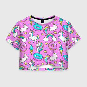 Женская футболка 3D укороченная с принтом Котики и Единороги в Санкт-Петербурге, 100% полиэстер | круглая горловина, длина футболки до линии талии, рукава с отворотами | единорог | мороженое | пони | пончики | радуга | розовый