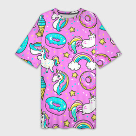 Платье-футболка 3D с принтом Котики и Единороги в Санкт-Петербурге,  |  | Тематика изображения на принте: единорог | мороженое | пони | пончики | радуга | розовый