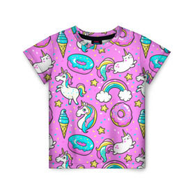 Детская футболка 3D с принтом Котики и Единороги в Санкт-Петербурге, 100% гипоаллергенный полиэфир | прямой крой, круглый вырез горловины, длина до линии бедер, чуть спущенное плечо, ткань немного тянется | единорог | мороженое | пони | пончики | радуга | розовый