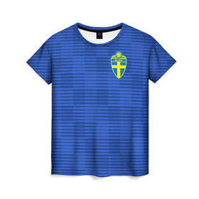 Женская футболка 3D с принтом Швеция гостевая форма ЧМ 2018 в Санкт-Петербурге, 100% полиэфир ( синтетическое хлопкоподобное полотно) | прямой крой, круглый вырез горловины, длина до линии бедер | гостевая форма | сборная швеции | футбольная форма | швеция