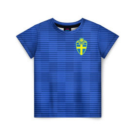 Детская футболка 3D с принтом Швеция гостевая форма ЧМ 2018 в Санкт-Петербурге, 100% гипоаллергенный полиэфир | прямой крой, круглый вырез горловины, длина до линии бедер, чуть спущенное плечо, ткань немного тянется | гостевая форма | сборная швеции | футбольная форма | швеция