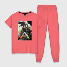 Женская пижама хлопок с принтом Ark Survival Evolved в Санкт-Петербурге, 100% хлопок | брюки и футболка прямого кроя, без карманов, на брюках мягкая резинка на поясе и по низу штанин | арк