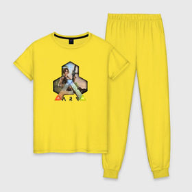Женская пижама хлопок с принтом Ark Survival Evolved в Санкт-Петербурге, 100% хлопок | брюки и футболка прямого кроя, без карманов, на брюках мягкая резинка на поясе и по низу штанин | арк
