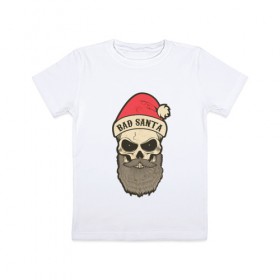 Детская футболка хлопок с принтом Санта череп в Санкт-Петербурге, 100% хлопок | круглый вырез горловины, полуприлегающий силуэт, длина до линии бедер | Тематика изображения на принте: skull | бородатый | рождество | санта клаус