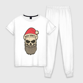 Женская пижама хлопок с принтом Санта череп в Санкт-Петербурге, 100% хлопок | брюки и футболка прямого кроя, без карманов, на брюках мягкая резинка на поясе и по низу штанин | skull | бородатый | рождество | санта клаус