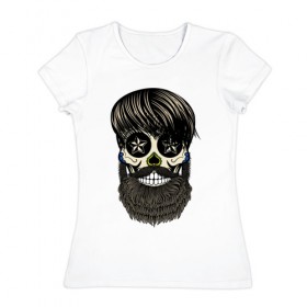 Женская футболка хлопок с принтом Сахарный череп с бородой в Санкт-Петербурге, 100% хлопок | прямой крой, круглый вырез горловины, длина до линии бедер, слегка спущенное плечо | бородатый | день мертвых | сахарный череп | хелловин | хипстер
