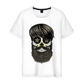 Мужская футболка хлопок с принтом Сахарный череп с бородой в Санкт-Петербурге, 100% хлопок | прямой крой, круглый вырез горловины, длина до линии бедер, слегка спущенное плечо. | бородатый | день мертвых | сахарный череп | хелловин | хипстер