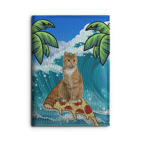 Обложка для автодокументов с принтом Сёрфинг на Пицце в Санкт-Петербурге, натуральная кожа |  размер 19,9*13 см; внутри 4 больших “конверта” для документов и один маленький отдел — туда идеально встанут права | cat | palm | pizza | surfing | wave | волна | животное | кот | пальмы | пицца | серфинг
