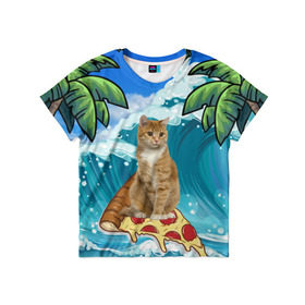 Детская футболка 3D с принтом Сёрфинг на Пицце в Санкт-Петербурге, 100% гипоаллергенный полиэфир | прямой крой, круглый вырез горловины, длина до линии бедер, чуть спущенное плечо, ткань немного тянется | cat | palm | pizza | surfing | wave | волна | животное | кот | пальмы | пицца | серфинг