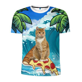 Мужская футболка 3D спортивная с принтом Сёрфинг на Пицце в Санкт-Петербурге, 100% полиэстер с улучшенными характеристиками | приталенный силуэт, круглая горловина, широкие плечи, сужается к линии бедра | cat | palm | pizza | surfing | wave | волна | животное | кот | пальмы | пицца | серфинг