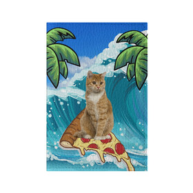 Обложка для паспорта матовая кожа с принтом Сёрфинг на Пицце в Санкт-Петербурге, натуральная матовая кожа | размер 19,3 х 13,7 см; прозрачные пластиковые крепления | cat | palm | pizza | surfing | wave | волна | животное | кот | пальмы | пицца | серфинг