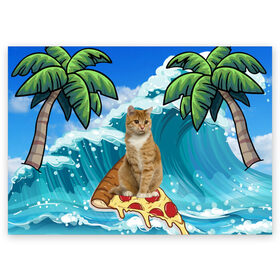Поздравительная открытка с принтом Сёрфинг на Пицце в Санкт-Петербурге, 100% бумага | плотность бумаги 280 г/м2, матовая, на обратной стороне линовка и место для марки
 | Тематика изображения на принте: cat | palm | pizza | surfing | wave | волна | животное | кот | пальмы | пицца | серфинг
