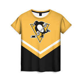 Женская футболка 3D с принтом Pittsburgh Penguins (Форма 1) в Санкт-Петербурге, 100% полиэфир ( синтетическое хлопкоподобное полотно) | прямой крой, круглый вырез горловины, длина до линии бедер | питтсбург пингвинз