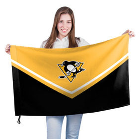Флаг 3D с принтом Pittsburgh Penguins (Форма 1) в Санкт-Петербурге, 100% полиэстер | плотность ткани — 95 г/м2, размер — 67 х 109 см. Принт наносится с одной стороны | питтсбург пингвинз