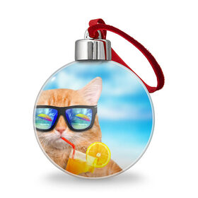 Ёлочный шар с принтом Кот на пляже в Санкт-Петербурге, Пластик | Диаметр: 77 мм | summer | апельсиновый сок | кот | кот на пляже | коте | котик | котэ | котяра | лето | море | небо | отдых | очки | пляже