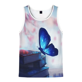 Мужская майка 3D с принтом Волшебная бабочка в Санкт-Петербурге, 100% полиэстер | круглая горловина, приталенный силуэт, длина до линии бедра. Пройма и горловина окантованы тонкой бейкой | бабочка | волшебная бабочка | голубая бабочка | книги | насекомая | насекомое | пыльца | синея бабочка