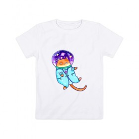 Детская футболка хлопок с принтом Кот и космос в Санкт-Петербурге, 100% хлопок | круглый вырез горловины, полуприлегающий силуэт, длина до линии бедер | Тематика изображения на принте: звезды | космонавт | космос | кот