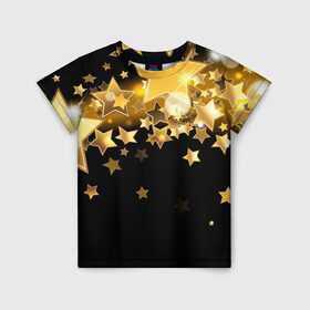 Детская футболка 3D с принтом Золотые звездочки в Санкт-Петербурге, 100% гипоаллергенный полиэфир | прямой крой, круглый вырез горловины, длина до линии бедер, чуть спущенное плечо, ткань немного тянется | Тематика изображения на принте: 3d | звездочки | звезды | золото | золотые звездочки | картинка | черный фон
