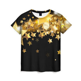 Женская футболка 3D с принтом Золотые звездочки в Санкт-Петербурге, 100% полиэфир ( синтетическое хлопкоподобное полотно) | прямой крой, круглый вырез горловины, длина до линии бедер | 3d | звездочки | звезды | золото | золотые звездочки | картинка | черный фон
