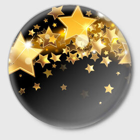 Значок с принтом Золотые звездочки в Санкт-Петербурге,  металл | круглая форма, металлическая застежка в виде булавки | 3d | звездочки | звезды | золото | золотые звездочки | картинка | черный фон