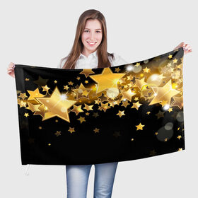 Флаг 3D с принтом Золотые звездочки в Санкт-Петербурге, 100% полиэстер | плотность ткани — 95 г/м2, размер — 67 х 109 см. Принт наносится с одной стороны | 3d | звездочки | звезды | золото | золотые звездочки | картинка | черный фон