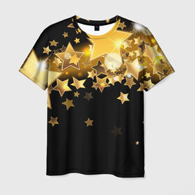Мужская футболка 3D с принтом Золотые звездочки в Санкт-Петербурге, 100% полиэфир | прямой крой, круглый вырез горловины, длина до линии бедер | 3d | звездочки | звезды | золото | золотые звездочки | картинка | черный фон