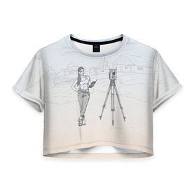 Женская футболка 3D укороченная с принтом Девушка с контроллером в Санкт-Петербурге, 100% полиэстер | круглая горловина, длина футболки до линии талии, рукава с отворотами | surveyor | геодезист | геодезия | кадастр