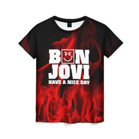 Женская футболка 3D с принтом BON JOVI в Санкт-Петербурге, 100% полиэфир ( синтетическое хлопкоподобное полотно) | прямой крой, круглый вырез горловины, длина до линии бедер | bon jovi | альтернативный хип хоп | группа | инди поп | музыка | музыкальное произведение | ноты | регги | рок | синти поп