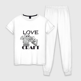 Женская пижама хлопок с принтом Love Craft в Санкт-Петербурге, 100% хлопок | брюки и футболка прямого кроя, без карманов, на брюках мягкая резинка на поясе и по низу штанин | love craft | lovecraft | ктулху | лавкрафт