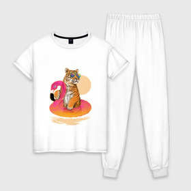 Женская пижама хлопок с принтом Тигр в Санкт-Петербурге, 100% хлопок | брюки и футболка прямого кроя, без карманов, на брюках мягкая резинка на поясе и по низу штанин | лето | пляж | солнце | тигр | фламинго