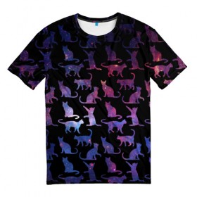 Мужская футболка 3D с принтом Космические Коты в Санкт-Петербурге, 100% полиэфир | прямой крой, круглый вырез горловины, длина до линии бедер | Тематика изображения на принте: звезды | космос | кот | котик | паттерн