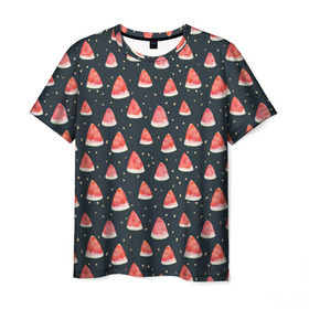 Мужская футболка 3D с принтом Tropical melon dark в Санкт-Петербурге, 100% полиэфир | прямой крой, круглый вырез горловины, длина до линии бедер | Тематика изображения на принте: арбуз