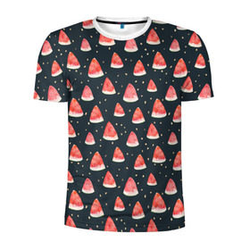 Мужская футболка 3D спортивная с принтом Tropical melon dark в Санкт-Петербурге, 100% полиэстер с улучшенными характеристиками | приталенный силуэт, круглая горловина, широкие плечи, сужается к линии бедра | арбуз