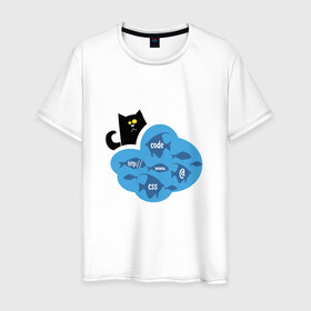 Мужская футболка хлопок с принтом Кот программиста в Санкт-Петербурге, 100% хлопок | прямой крой, круглый вырез горловины, длина до линии бедер, слегка спущенное плечо. | картинки со смыслом | код | кот | котик | ловить рыбку | офис | прикольные картинки | программистам | работа