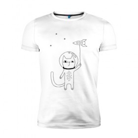 Мужская футболка премиум с принтом кот в космосе в Санкт-Петербурге, 92% хлопок, 8% лайкра | приталенный силуэт, круглый вырез ворота, длина до линии бедра, короткий рукав | космос | кот