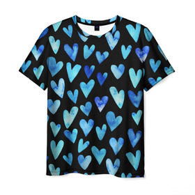 Мужская футболка 3D с принтом Blue Hearts в Санкт-Петербурге, 100% полиэфир | прямой крой, круглый вырез горловины, длина до линии бедер | Тематика изображения на принте: акварель | любовь | паттерн | сердечки