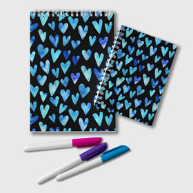 Блокнот с принтом Blue Hearts в Санкт-Петербурге, 100% бумага | 48 листов, плотность листов — 60 г/м2, плотность картонной обложки — 250 г/м2. Листы скреплены удобной пружинной спиралью. Цвет линий — светло-серый
 | акварель | любовь | паттерн | сердечки