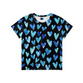 Детская футболка 3D с принтом Blue Hearts в Санкт-Петербурге, 100% гипоаллергенный полиэфир | прямой крой, круглый вырез горловины, длина до линии бедер, чуть спущенное плечо, ткань немного тянется | Тематика изображения на принте: акварель | любовь | паттерн | сердечки