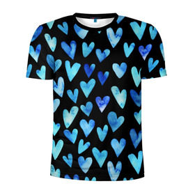Мужская футболка 3D спортивная с принтом Blue Hearts в Санкт-Петербурге, 100% полиэстер с улучшенными характеристиками | приталенный силуэт, круглая горловина, широкие плечи, сужается к линии бедра | Тематика изображения на принте: акварель | любовь | паттерн | сердечки