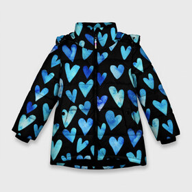 Зимняя куртка для девочек 3D с принтом Blue Hearts в Санкт-Петербурге, ткань верха — 100% полиэстер; подклад — 100% полиэстер, утеплитель — 100% полиэстер. | длина ниже бедра, удлиненная спинка, воротник стойка и отстегивающийся капюшон. Есть боковые карманы с листочкой на кнопках, утяжки по низу изделия и внутренний карман на молнии. 

Предусмотрены светоотражающий принт на спинке, радужный светоотражающий элемент на пуллере молнии и на резинке для утяжки. | Тематика изображения на принте: акварель | любовь | паттерн | сердечки