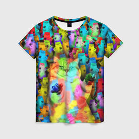 Женская футболка 3D с принтом Котики на дискотеке в Санкт-Петербурге, 100% полиэфир ( синтетическое хлопкоподобное полотно) | прямой крой, круглый вырез горловины, длина до линии бедер | кошки | паттерн | психоделика | разноцветный | яркий