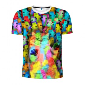 Мужская футболка 3D спортивная с принтом Котики на дискотеке в Санкт-Петербурге, 100% полиэстер с улучшенными характеристиками | приталенный силуэт, круглая горловина, широкие плечи, сужается к линии бедра | кошки | паттерн | психоделика | разноцветный | яркий
