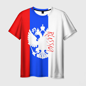 Мужская футболка 3D с принтом Russia в Санкт-Петербурге, 100% полиэфир | прямой крой, круглый вырез горловины, длина до линии бедер | rus | вертикальный | герб | россия | рф | триколор
