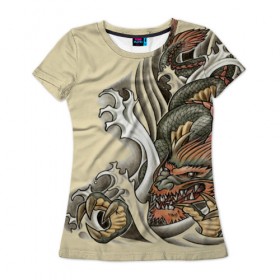 Женская футболка 3D с принтом Восточный дракон в Санкт-Петербурге, 100% полиэфир ( синтетическое хлопкоподобное полотно) | прямой крой, круглый вырез горловины, длина до линии бедер | восток | дракон | тату | татуировка | япония