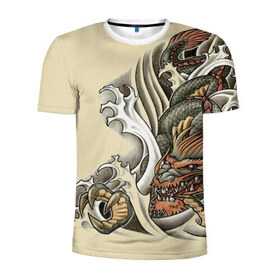Мужская футболка 3D спортивная с принтом Восточный дракон в Санкт-Петербурге, 100% полиэстер с улучшенными характеристиками | приталенный силуэт, круглая горловина, широкие плечи, сужается к линии бедра | восток | дракон | тату | татуировка | япония