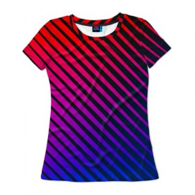 Женская футболка 3D с принтом Градиентные линии в Санкт-Петербурге, 100% полиэфир ( синтетическое хлопкоподобное полотно) | прямой крой, круглый вырез горловины, длина до линии бедер | абстракция | градиент | красный | линии | полосы | синий | темный | цвет