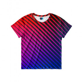 Детская футболка 3D с принтом Градиентные линии в Санкт-Петербурге, 100% гипоаллергенный полиэфир | прямой крой, круглый вырез горловины, длина до линии бедер, чуть спущенное плечо, ткань немного тянется | абстракция | градиент | красный | линии | полосы | синий | темный | цвет